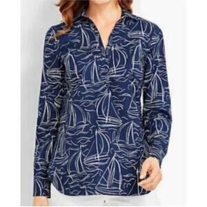 Talbots Navy Blue White Nautical Sailboat Popover‎ Top Shirt Womens XP (1004)